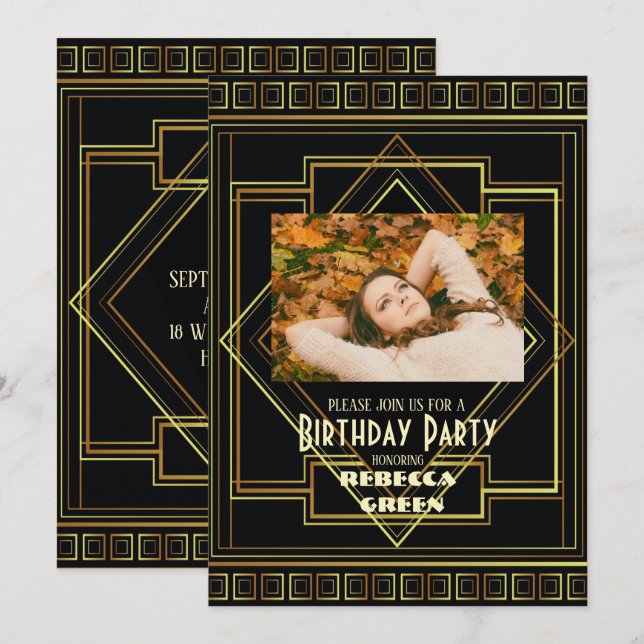 Invitación Gran fiesta de cumpleaños de Black and Gold (Anverso / Reverso)