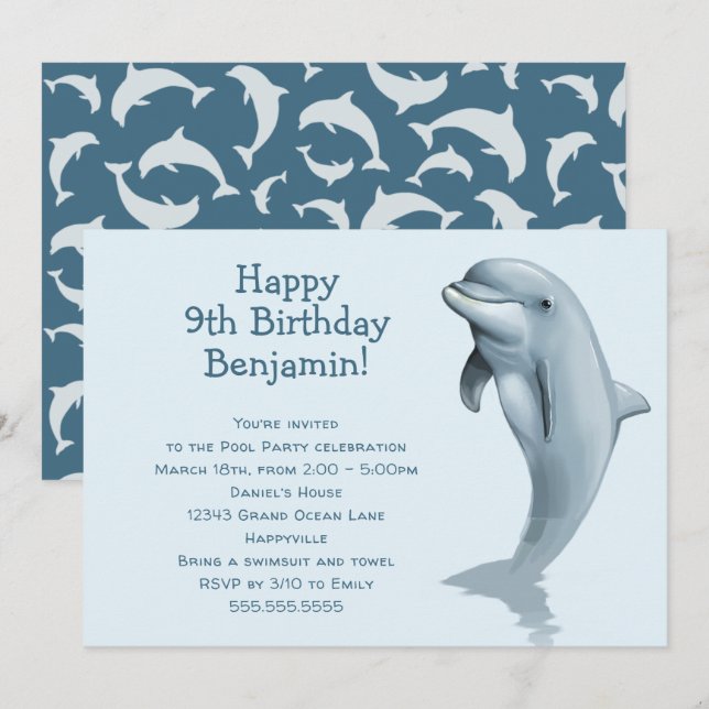 Invitación Gran fiesta de cumpleaños de delfines para niños (Anverso / Reverso)