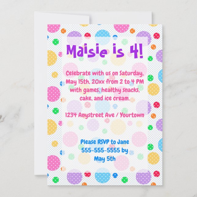 Invitación Gran Fiesta de Cumpleaños de Niña con Lunares Colo (Anverso)