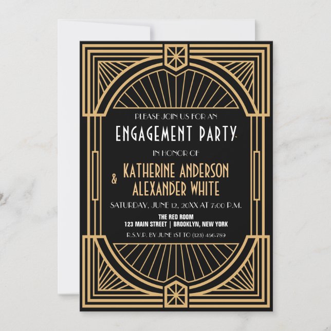 Invitación Gran fiesta inspirada de compromiso Art Deco (Anverso)
