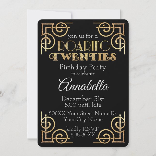 Invitación Gran fiesta temática Gatsby de los años 20 (Anverso)