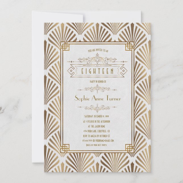 Invitación Gran Gatsby 18º cumpleaños de Luxury Gold Art Deco (Anverso)