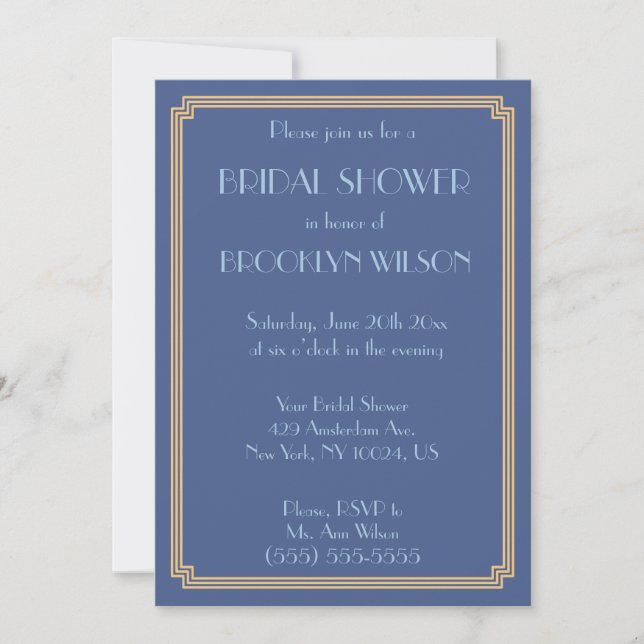 Invitación Gran Gatsby Art Deco Blue Bridal Shower Invita (Anverso)