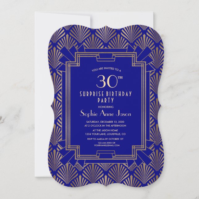 Invitación Gran Gatsby Art Deco de la Marina de Oro Azul (Anverso)