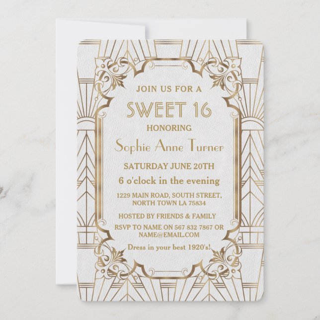 Invitación Gran Gatsby Art Deco Dulce de Oro Blanco 16 Invite (Anverso)