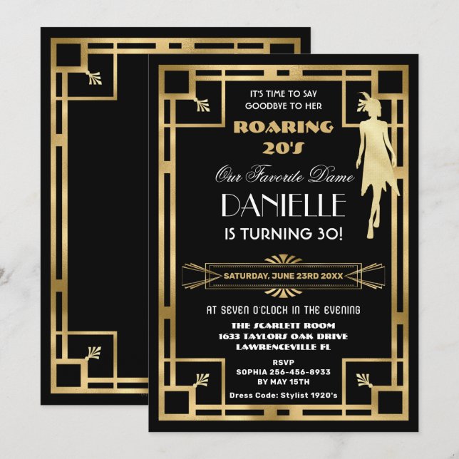Invitación Gran Gatsby Art Deco en los años 30 (Anverso / Reverso)