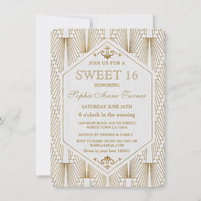 Invitación Gran Gatsby Art Deco Oro Dulce Blanco 16 Invite (Anverso)