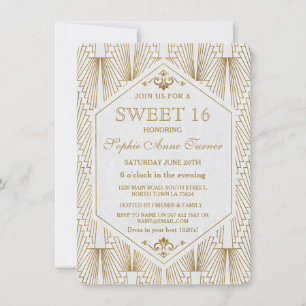 Invitación Gran Gatsby Art Deco Oro Dulce Blanco 16 Invite