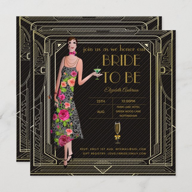 Invitación Gran Gatsby Art Deco Roaring Bridal Shower Pk (Anverso / Reverso)