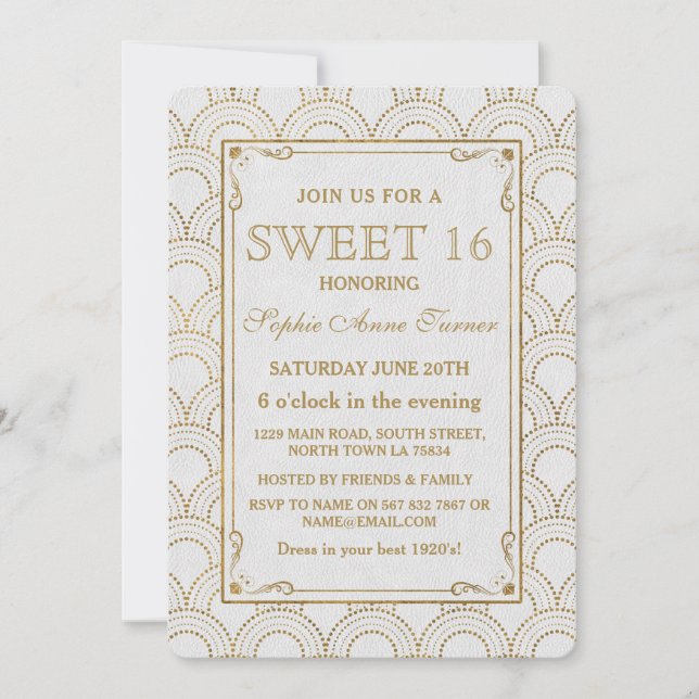 Invitación Gran Gatsby Blanco Art Deco Dorado Dulce 16 Invite (Anverso)