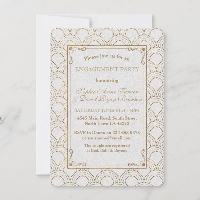 Invitación Gran Gatsby Blanco Art Deco Partido de Compromiso  (Anverso)