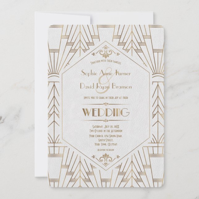 Invitación Gran Gatsby blanco de oro real Boda de los años 20 (Anverso)