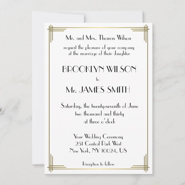 Invitación Gran Gatsby Blanco Oro Art Deco Invitan a la Boda (Anverso)