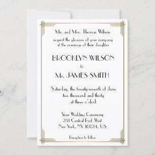 Invitación Gran Gatsby Blanco Oro Art Deco Invitan a la Boda