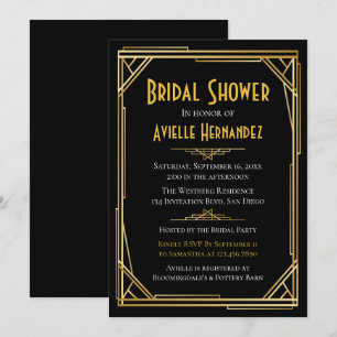 Invitación Gran Gatsby Bridal Shower Gold y Boda negro
