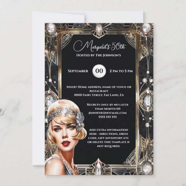 Invitación Gran Gatsby de los 20 años flapper art deco (Anverso)