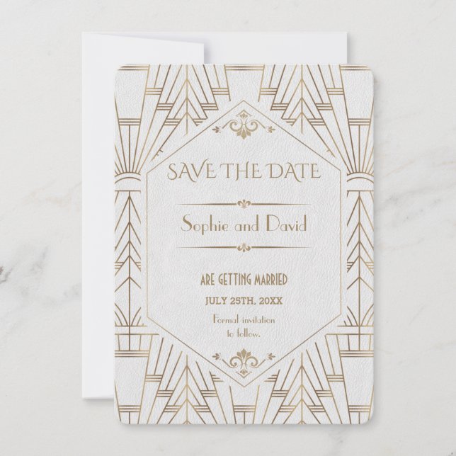 Invitación Gran Gatsby de oro blanco real salva la fecha (Anverso)