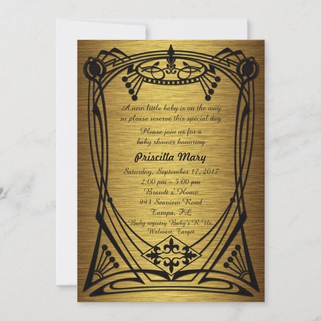 Invitación Gran Gatsby de oro de Baby Shower. (Anverso)