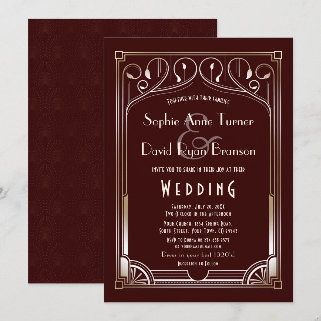 Invitación Gran Gatsby de oro de Borgoña Boda Art Deco (Anverso / Reverso)