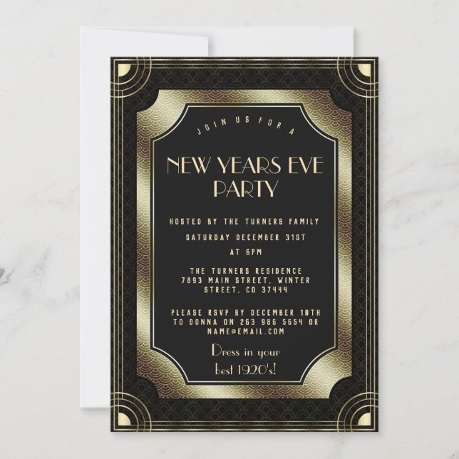 Invitación Gran Gatsby de oro de lujo Fiesta de Año Nuevo de  (Anverso)
