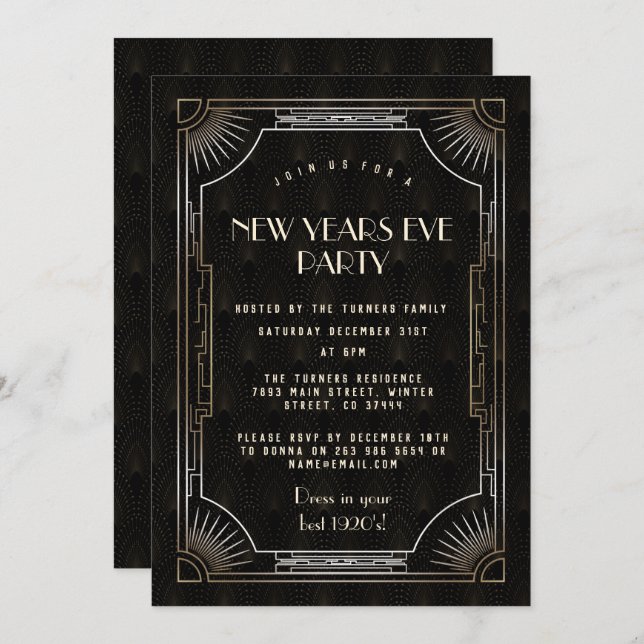 Invitación Gran Gatsby de Oro de Lujo Fiesta de Nochevieja de (Anverso / Reverso)
