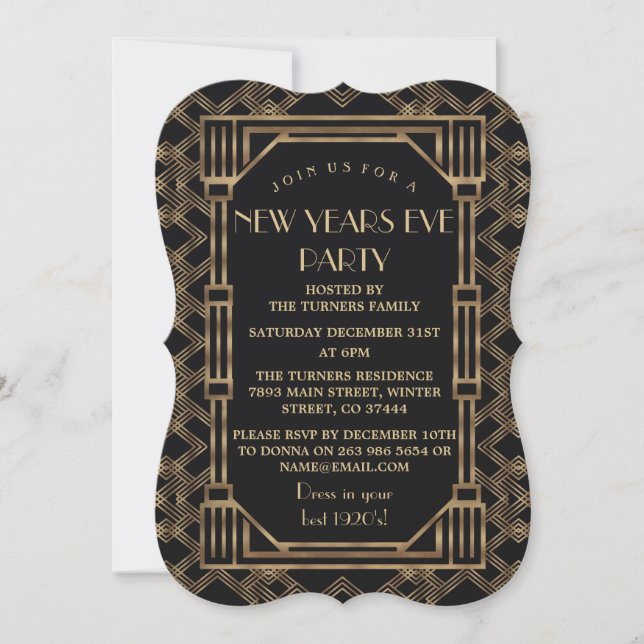 Invitación Gran Gatsby de Oro elegante Fiesta de Año Nuevo de (Anverso)