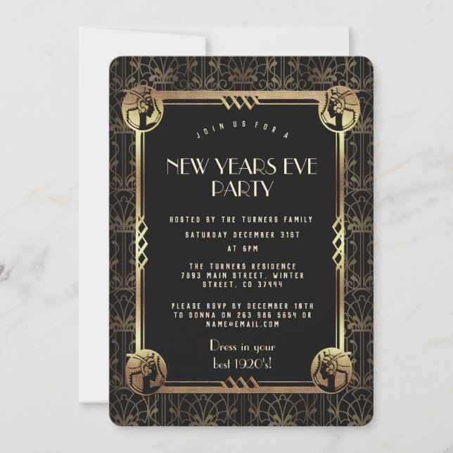Invitación Gran Gatsby de Oro Glam Fiesta de Nochevieja de lo (Anverso)