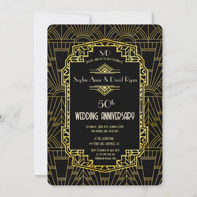 Invitación Gran Gatsby de Oro Negro 50 Aniversario Boda (Anverso)
