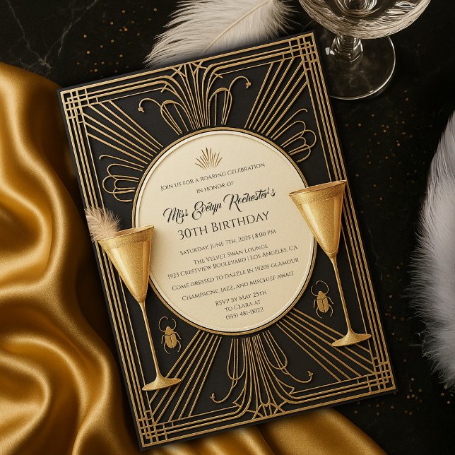 Invitación Gran Gatsby de oro negro Cumpleaños (Black Gold Great Gatsby Milestone Birthday Invitation
)