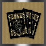Invitación Gran Gatsby de oro negro de lujo Boda de los años<br><div class="desc">Glam, Vintage Art Deco Gran Gatsby de diseño. Presenta un estilo Art Déco con un Relieve metalizado dorado falso, adornos y divisores, magníficas fuentes vintage; en la parte posterior: patrón oro Art Deco sobre fondo negro. Utilice la herramienta Personalizar para agregar su información. Para ver los artículos coincidentes, por favor,...</div>