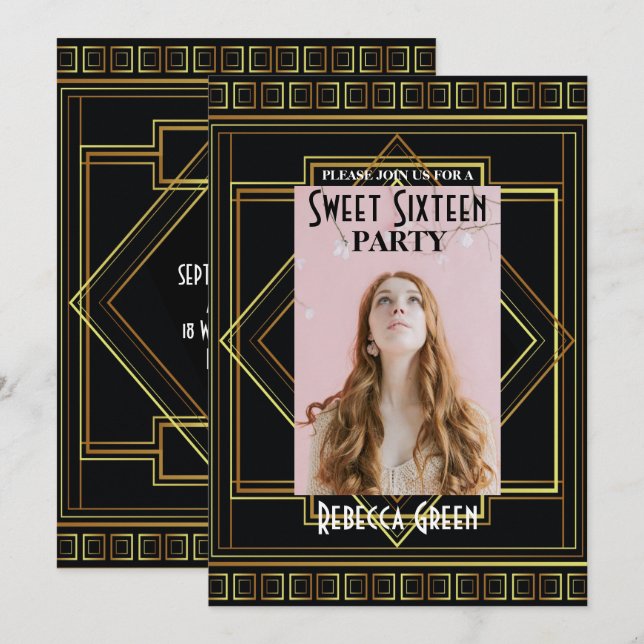 Invitación Gran Gatsby de oro negro dulce dieciséis fiestas (Anverso / Reverso)