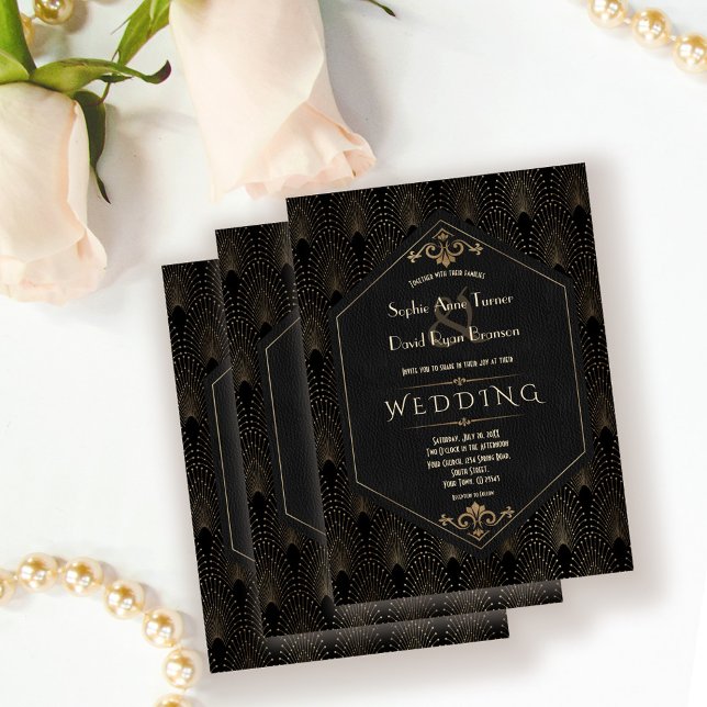 Invitación Gran Gatsby de oro negro real Boda Art Deco (trendy wedding, gold black Art Deco wedding, elegant great Gatsby wedding invitation roaring 20s )