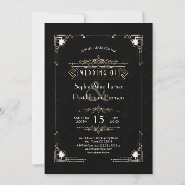 Invitación Gran Gatsby de oro negro romántico Boda Art Deco (Anverso)