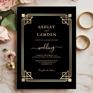 Invitación Gran Gatsby Elegante Boda con Marco de Oro