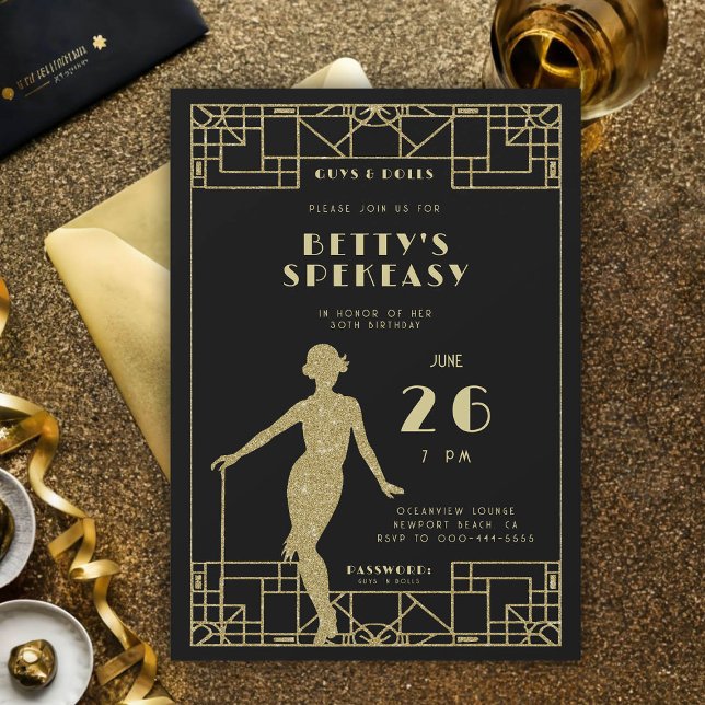 Invitación Gran Gatsby Flapper Roaring 20 Speakeasy Birthday (great gatsby party birthday roaring 20s for women speakeasy flapper gold glitter invitation template)