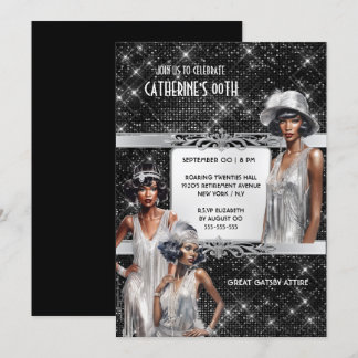 Invitación Gran Gatsby glam Flapper chicas negro plateado