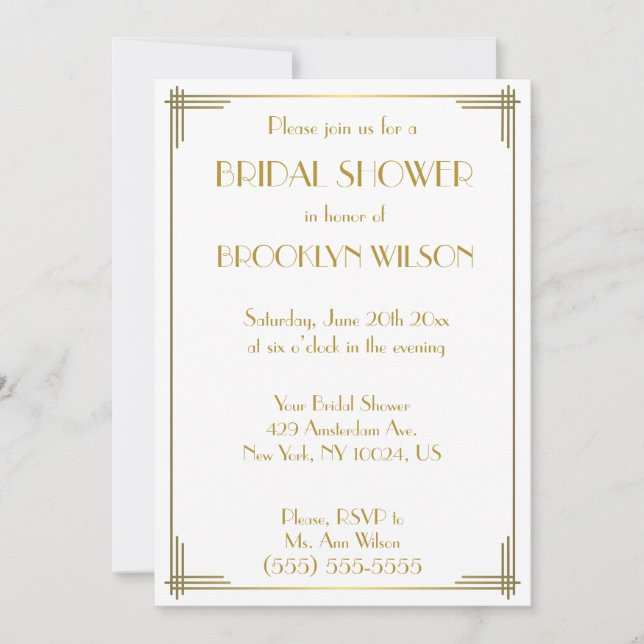 Invitación Gran Gatsby Gold Art Deco Bridal Shower Invita (Anverso)