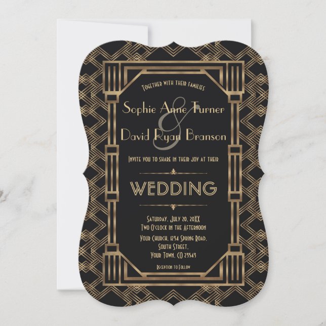 Invitación Gran Gatsby negro de oro elegante Boda de los años (Anverso)