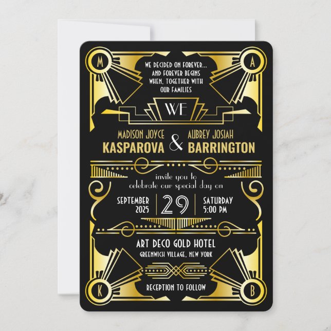 Invitación Gran Gatsby Ornate Gold y Black Art Deco Boda (Anverso)