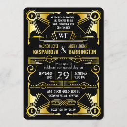 Invitación Gran Gatsby Ornate Gold y Black Art Deco Boda