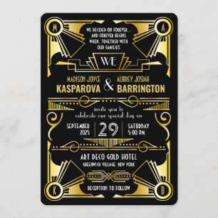 Invitación Gran Gatsby Ornate Gold y Black Art Deco Boda