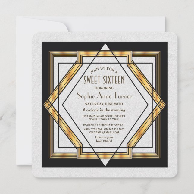 Invitación Gran Gatsby Oro Blanco Art Deco 1920 DULCE 16 (Anverso)