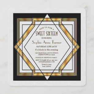 Invitación Gran Gatsby Oro Blanco Art Deco 1920 DULCE 16