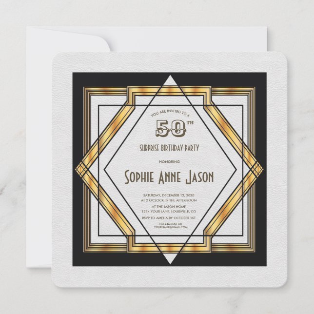 Invitación Gran Gatsby Oro Blanco Art Deco 50 cumpleaños (Anverso)