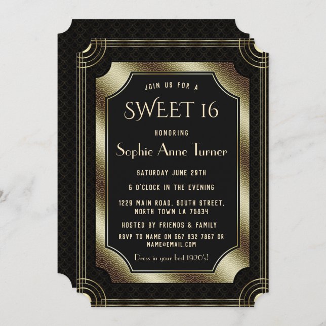 Invitación Gran Gatsby Romántico Negro Art Deco DULCE 20 16 (Anverso / Reverso)