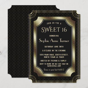 Invitación Gran Gatsby Romántico Negro Art Deco DULCE 20 16
