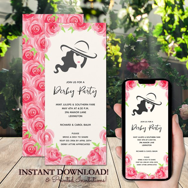 Invitación Gran Gorra y Rosas Derby Fiesta (Big Hat and Roses Derby Party Invitations - INSTANT DOWNLOAD and printed!)