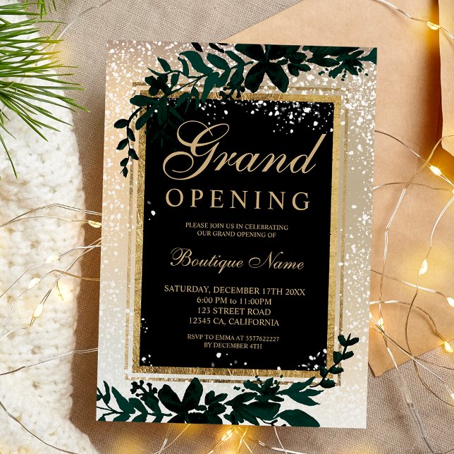Invitación gran inauguración de Navidades elegantes de nieve  (gold leaf snow elegant Christmas grand opening Invitation)