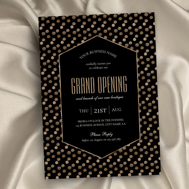 Invitación Gran inauguración de negocios brillante negro y or (Black and gold glitter business invitation with elegant fonts, minimal layout and faux gold effects)