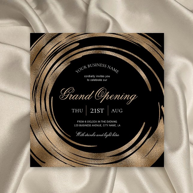 Invitación Gran inauguración de negocios brillante negro y or (Professional black and gold glitter business event invitations, perfect for your grand opening party)